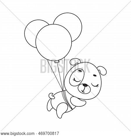Coloring Page Cute Little Dog Flying On Balloons. Coloring Book For Kids. Edudogional Activity For P