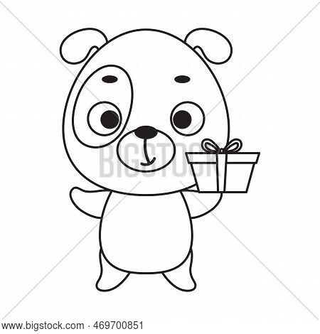 Coloring Page Cute Little Dog With Gift Box. Coloring Book For Kids. Edudogional Activity For Presch