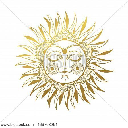 Mystical Sun Drawing With Face, Golden Magical Astrology Symbol, Celestial Mythological Illustration