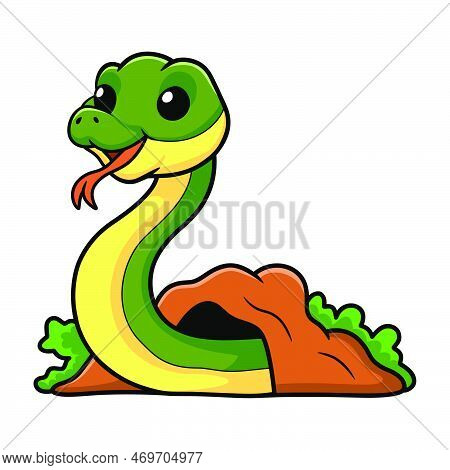 Vector Illustration Of Cute Easten Racer Snake Cartoon Out From Hole