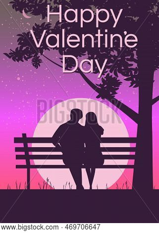 Silhouette Loving Couple On The Bench At Night. Happy Valentines Day Poster