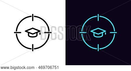 Outline Education Target Icon, With Editable Stroke. Aim Frame With Academic Hat Sign, Knowledge Pri