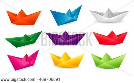 Folded Paper Boat Origami. Modern Origami Paper Ship. Collection Realistic Paper Boat Origami.