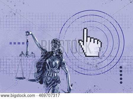 A Creative Collage Statue Of Themis With Scales Of Justice And A Pixel Mouse Cursor. The Concept Of 