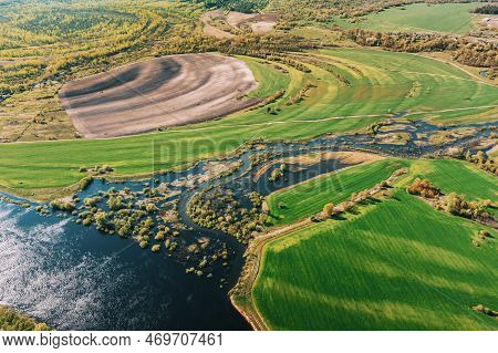 Aerial View Green Meadows And River Landscape In Sunny Spring Summer Day. Top View Of Nature, Birds 