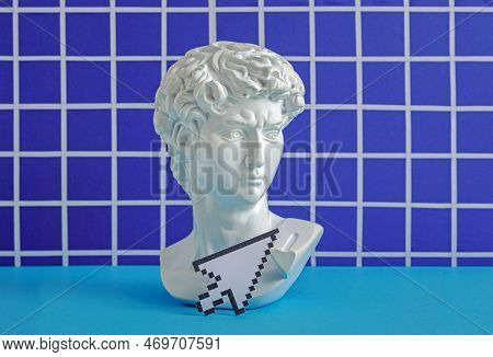 David Statue Head And Arrow Pixel Mouse Pointer Interface. Minimal Concept Of Nft Technologies Of Th