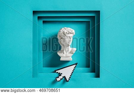 David Statue And Pixel Mouse Cursor Framed In Cyberpunk And Vaporwave Style. Minimal Concept Of Mode