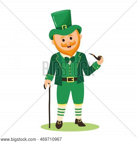 Leprechaun Man With A Cane Holding A Smoking Pipe. St Patrick Man In Irish Costume Isolated On White