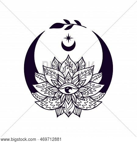 Crescent Moon And Lotus Flower Mystial Symbol With Moon Phases.