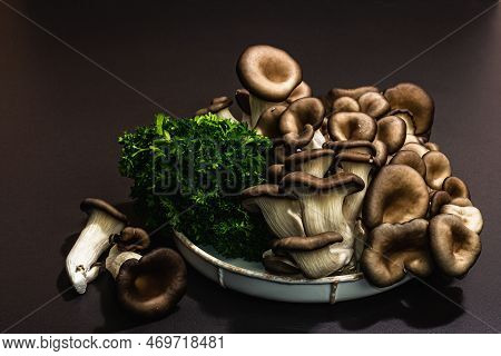 Delicious Organic Oyster Mushrooms With Fresh Parsley. Source Of Beta Glucan, Black Stone Background