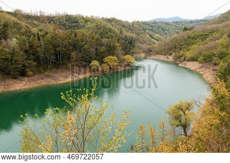 Relax Autumn Calm Landscapes With Cloudy Weather Over The River Agri In The Province Of Potenza, Bas