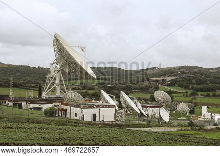 Lisbon, Portugal- November 21, 2022: Communication Satellite Dish Complex Of Marconi Company In Port