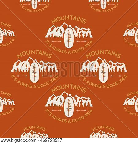 Camping Seamless Pattern. Travel Wallpaper With Mountains. Stock Vector Wallpaper Background