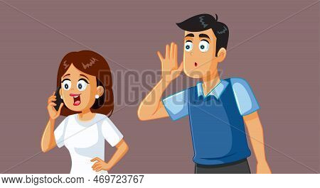 Jealous Man Listening To A Private Conversation Of His Wife