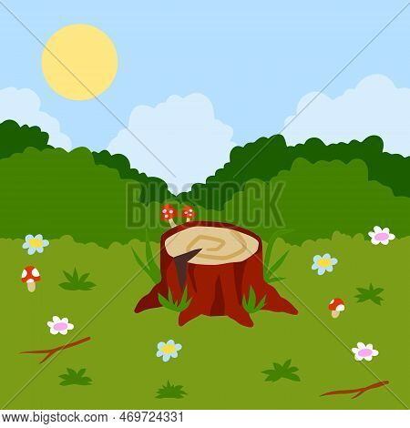 Stump In Forest Meadow. Green Field With Grass. Background For Child Drawing. Summer Nature. Funny S