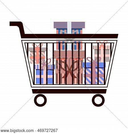 Simple Shopping Cart. Gifts In Black Basket. Colorful Gift Boxes. Online Shopping. Modern Technologi