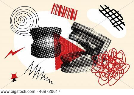 Jaw Joint With Abstract Shapes, Human Teeth And Red White Elements. Modern Concept Art Poster, Colla