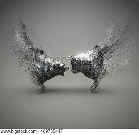 Two Metal Dissolving Castings Depicting A Bull Opposing A Bear In Dark Dramatic Light Representing O