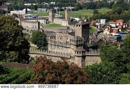 Bellinzona, Switzerland-09.04.2018: Photo With The View Of The Castelgrande Castle And Castello Di M
