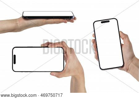 Phone In Hand, Set. Modern, New Phone In Hand Isolated On White Background From Different Angles. Mo