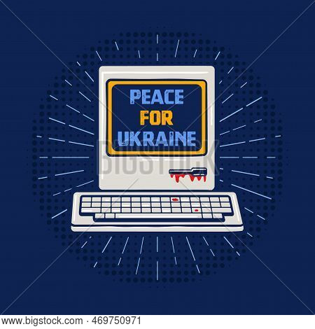 Peace For Ukraine Badge Design With Retro Pc And Sunbursts. Retro Ukrainian Label. Stock Vector Embl