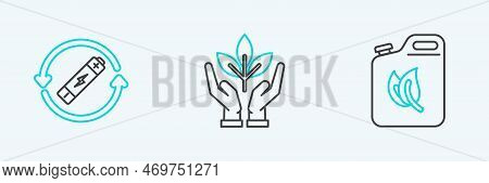 Set Line Bio Fuel Canister, Battery With Recycle Symbol Line And Plant Hand Of Environmental Protect