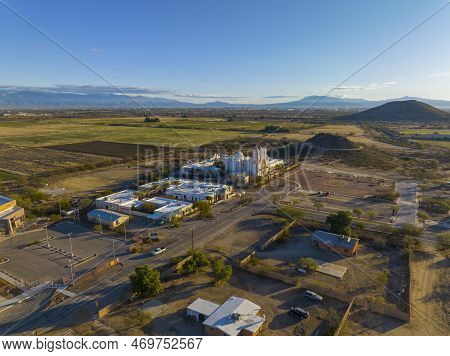 Mission San Xavier Del Bac Aerial View In Tohono O\'odham Nation Indian Reservation Near City Of Tuc