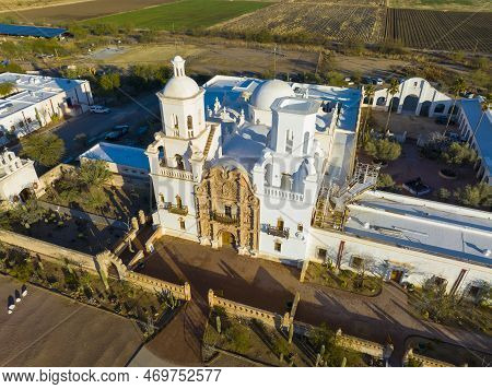 Mission San Xavier Del Bac Aerial View In Tohono O\'odham Nation Indian Reservation Near City Of Tuc