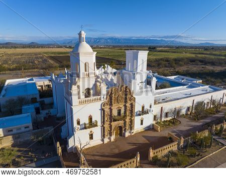 Mission San Xavier Del Bac Aerial View In Tohono O\'odham Nation Indian Reservation Near City Of Tuc