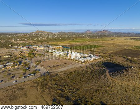 Mission San Xavier Del Bac Aerial View In Tohono O\'odham Nation Indian Reservation Near City Of Tuc