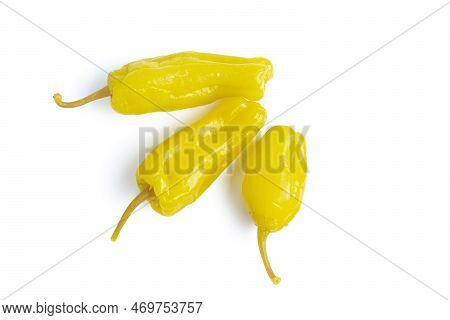 Three Pickled Yellow Peppers, Pepperoncini Or Friggitelli Isolated On White Background. Hot Pepper M