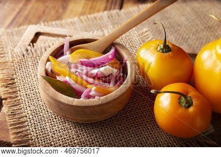 Cebollas Encurtidas. Chopped Purple Onion With Manzano Chili And Spices, A Very Popular Preparation 