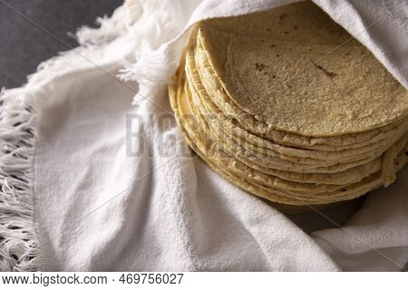 Corn Tortillas. Food Made With Nixtamalized Corn, A Staple Food In Several American Countries, An Es