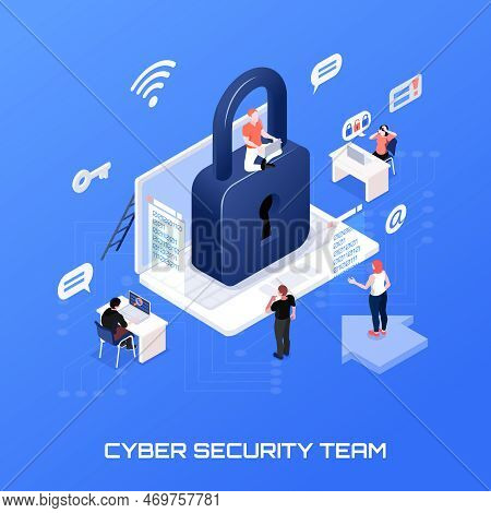 Cyber Security Team Isometric Concept On Blue Background 3d Vector Illustration