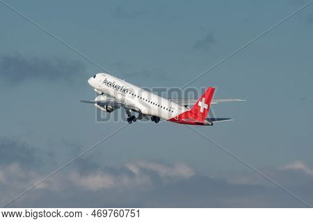 Zurich, Switzerland, January 19, 2023 Helvetic Airways Embraer E-190-e2 Aircraft Is Taking Off From 