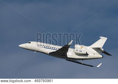 Zurich, Switzerland, January 19, 2023 Dessault Falcon 7x Business Aircraft Is Leaving From Runway 28