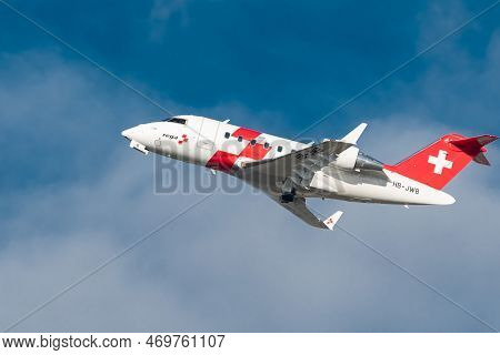 Zurich, Switzerland, January 19, 2023 Rega Swiss Air Rescue Bombardier Challenger 650 Aircraft Is Ta