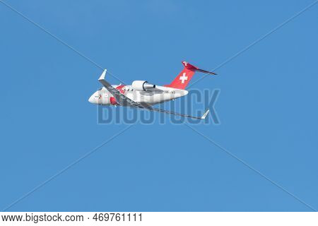 Zurich, Switzerland, January 19, 2023 Rega Swiss Air Rescue Bombardier Challenger 650 Aircraft Is Ta