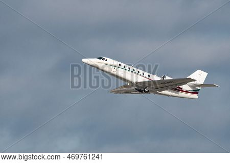 Zurich, Switzerland, January 19, 2023 Cessna 680 Citation Sovereign Business Aircraft Is Departing F