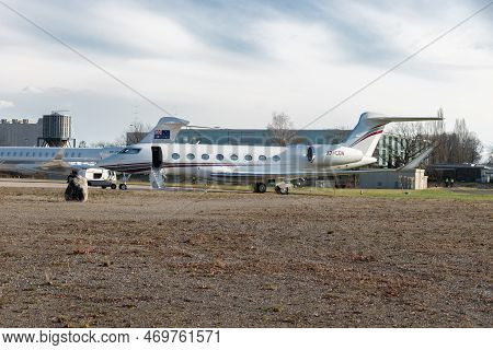 Zurich, Switzerland, January 19, 2023 Gulfstream G650-er Business Aircraft Is Parking On The Apron D
