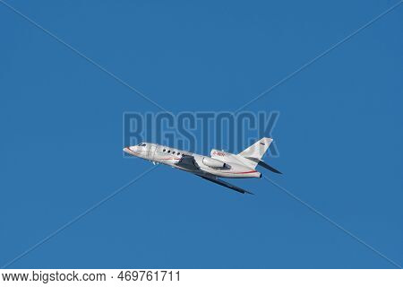 Zurich, Switzerland, January 19, 2023 Dessault Falcon 50ex Business Aircraft Taking Off From Runway 