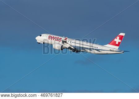 Zurich, Switzerland, January 19, 2023 Swiss International Airlines Bombardier Cs-300 Or A220 Aircraf