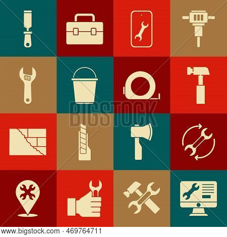 Set Computer Monitor Service, Wrench And Arrows As Workflow, Hammer, Mobile, Bucket, Adjustable Wren