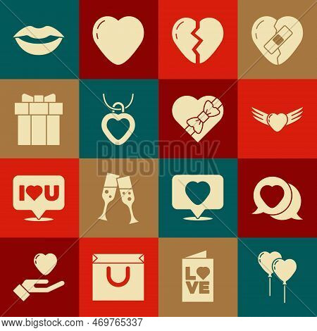 Set Balloons In Form Of Heart, Heart Speech Bubble, With Wings, Broken, Necklace Shaped, Gift Box, S
