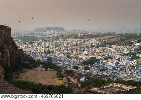Beautiful Top View Of Jodhpur City From Mehrangarh Fort, Rajasthan, India. Jodhpur Is Called Blue Ci