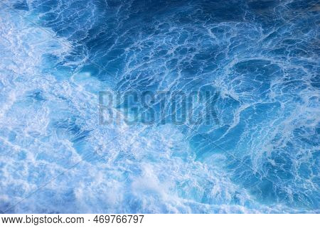 Blue Sea Marine Ocean Seascape Tropical Huge Wave On Blurred Background. Seascape Blue Ocean White W