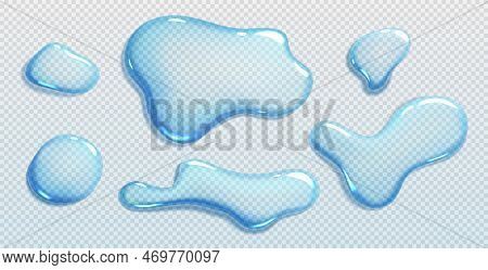 Liquid Spills, Water Drops And Puddles Isolated On Transparent Background. Clear Droplets Of Pure Aq