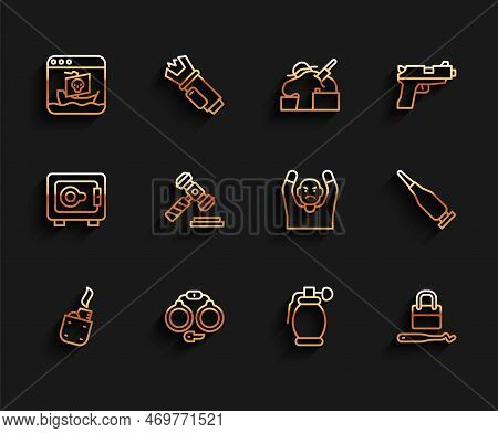 Set Line Lighter, Handcuffs, Internet Piracy, Grenade, Lock Picks For Lock Picking, Judge Gavel, Bul