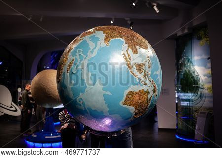 Moscow - November 29, 2022. Layout Of The Planet Earth. The Moscow Planetarium Is One Of The Largest