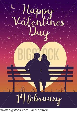 Happy Valentines Day Poster, Retro. Silhouette Loving Couple On The Bench At Night